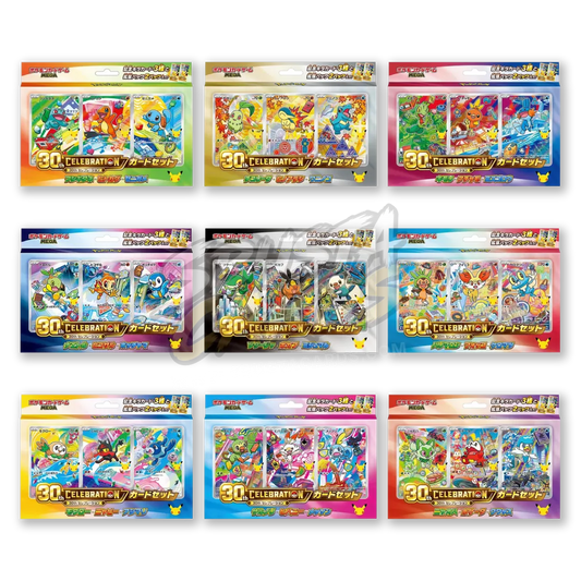Le 9 versioni del 30th Celebration Card Set giapponese, una per ogni generazione di Pokémon iniziali